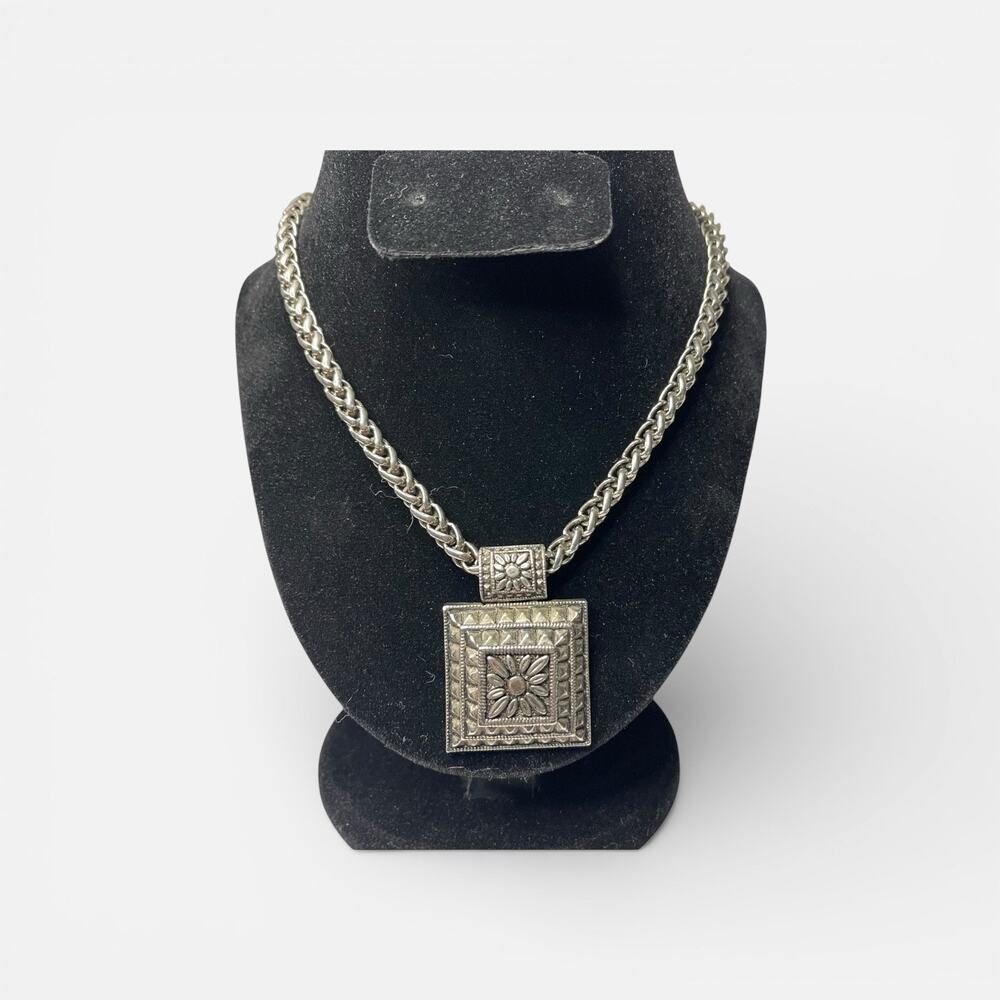 Boho Silver Tone Statement Necklace Ornate Square Pendant Heavy Chain